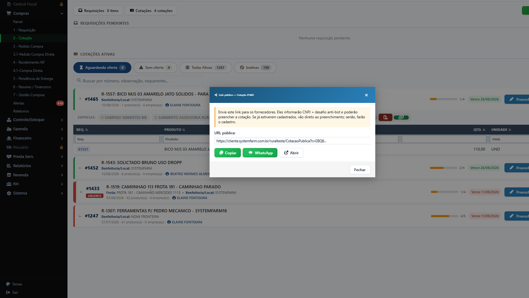 Link público da cotação, pronto para enviar